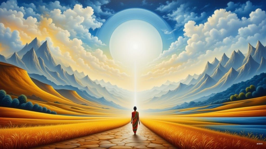 Figure Walks Into Luminous Unknown in Vibrant Abstract Style