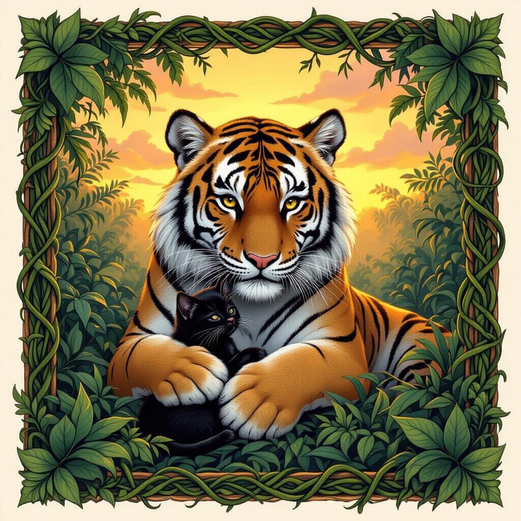 Tiger Cuddling Kitten in Jungle at Sunset