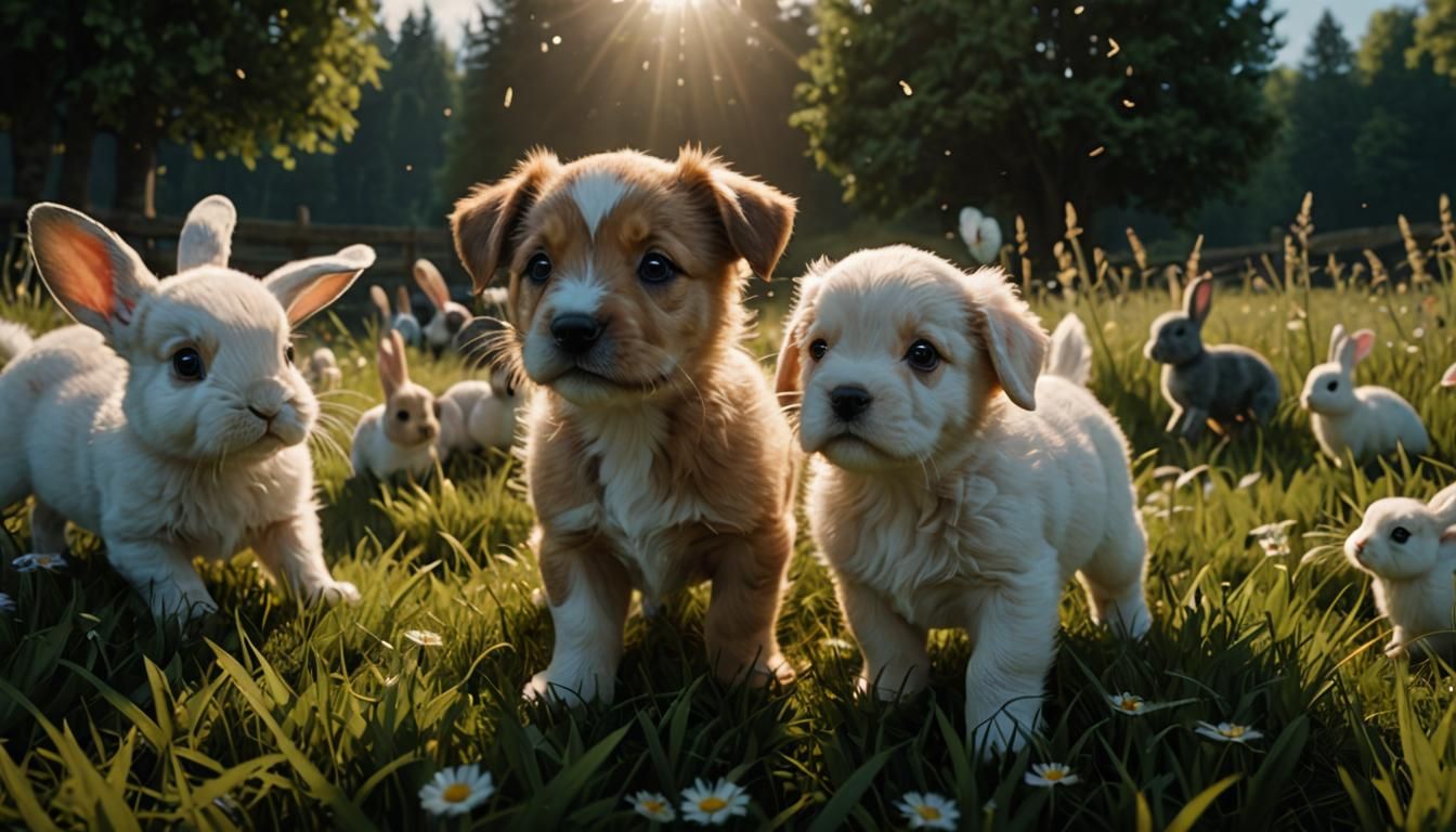 Playful Puppies and Rabbits in Meadow: Photorealistic Art