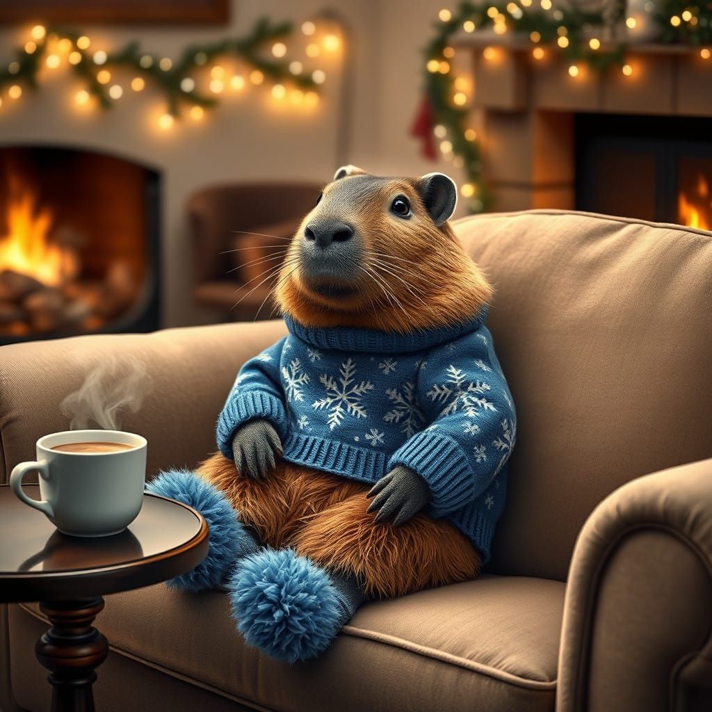 Magical Capybara Winterscene in Festive Knitwear