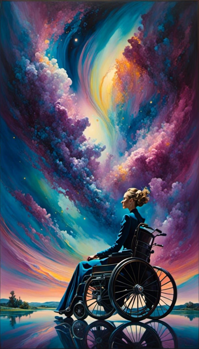 Woman in Wheelchair Under Aurora Sky: Digital Art