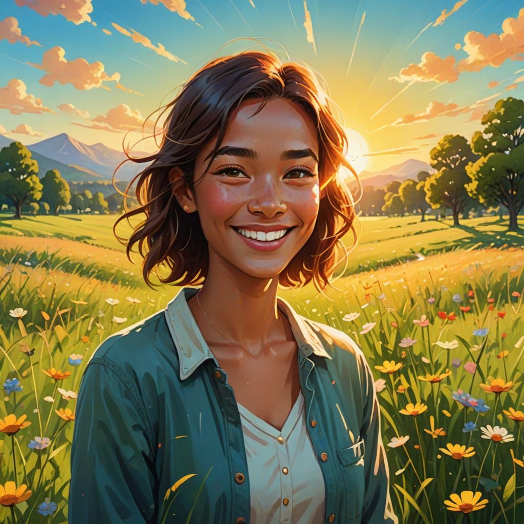 Smiling Woman in Sunny Meadow, Whimsical Concept Art