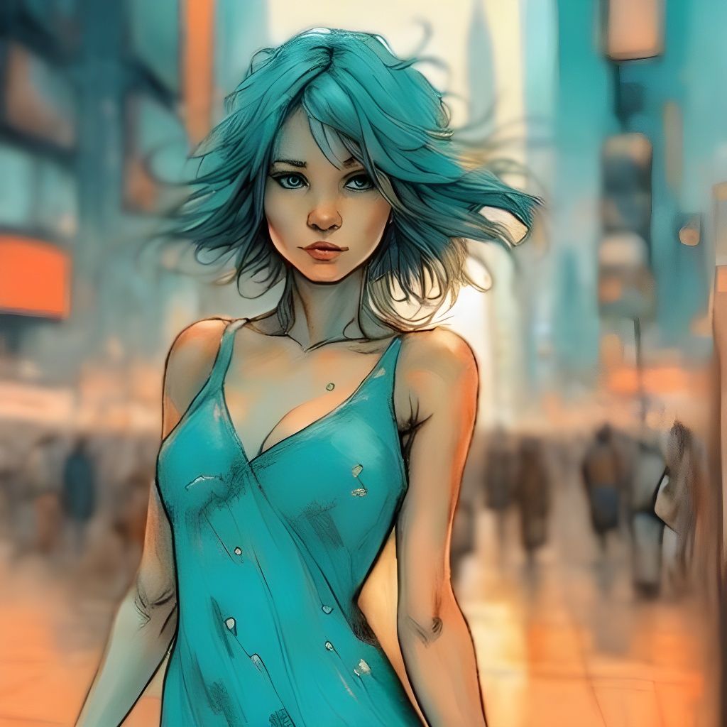 Aerial Girl in Times Square with Fire Sky