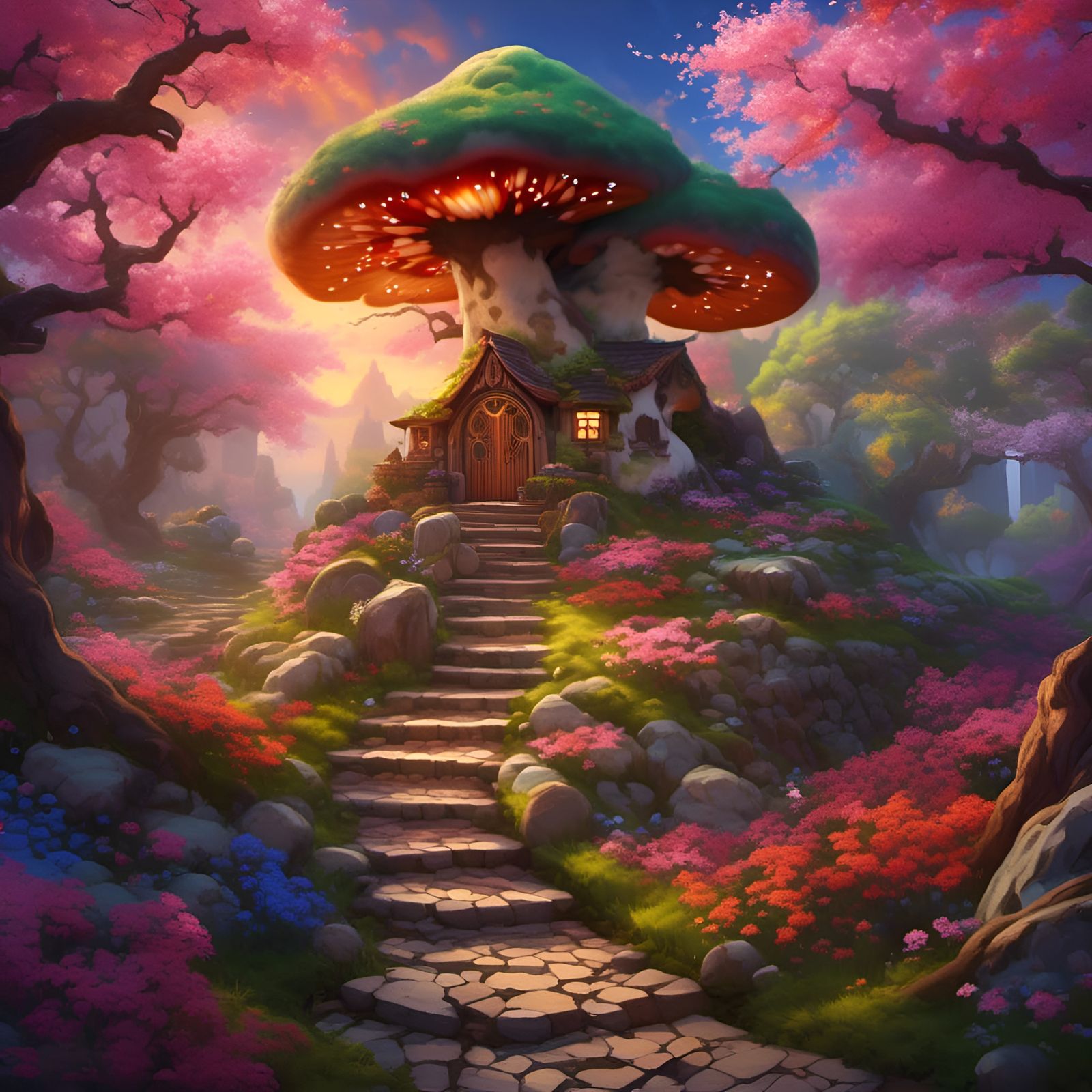 Magical Multicolored Forest Path to Mushroom Cottage