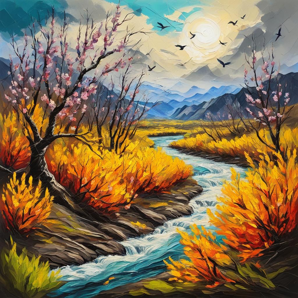 Vibrant Spring River Scene in Acrylic Paint Style