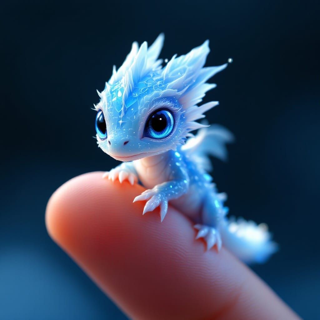 Miniature Ice Dragon on Human Thumb: Matte Painting