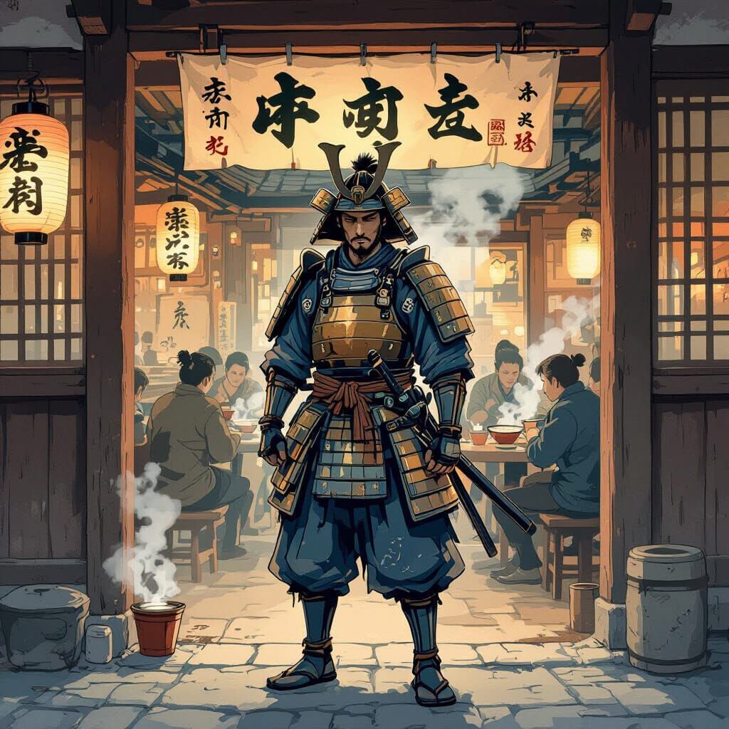 Samurai Warrior at Edo Tavern Entrance in Hokusai Style