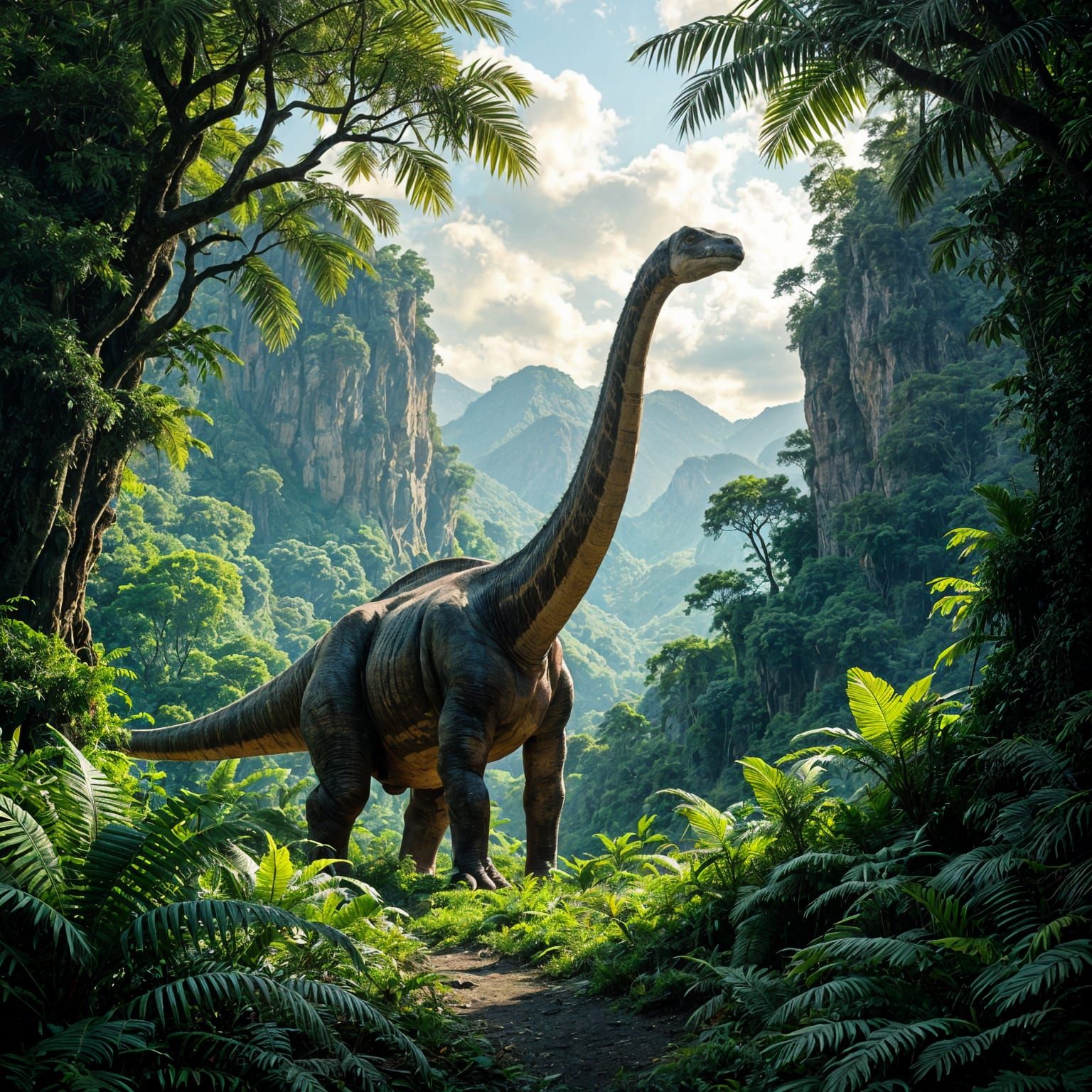 Lush Jurassic Jungle with Brachiosaurus: Cinematic Film Stil...