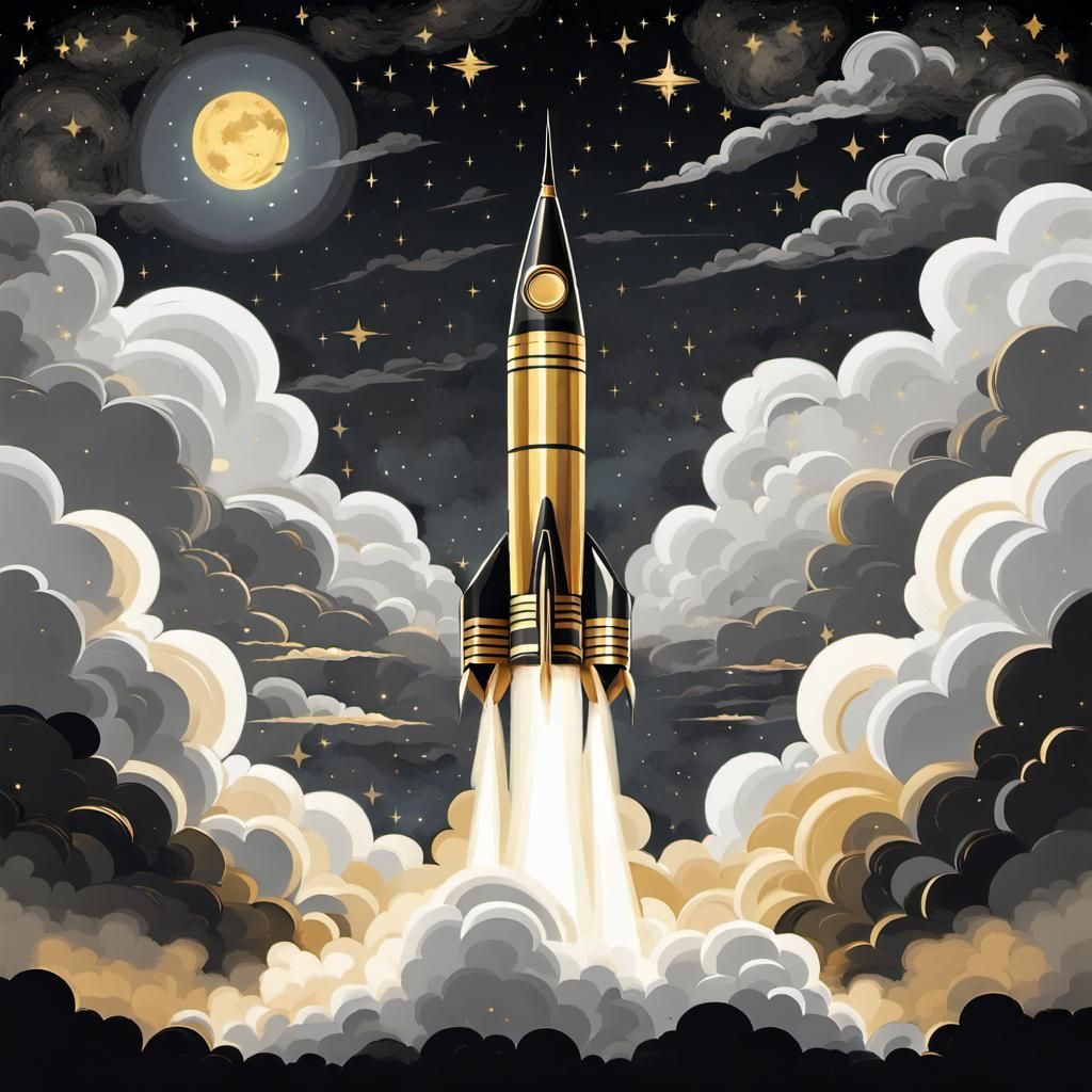 Deco Rocket Launch Illustration at Night