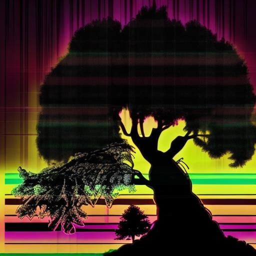 Neon Tree Silhouette on Plaid Synthwave Background