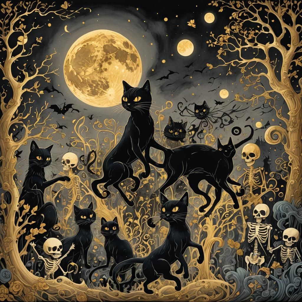 Whimsical Ink Illustration: Dancing Ghosts and Golden Moon