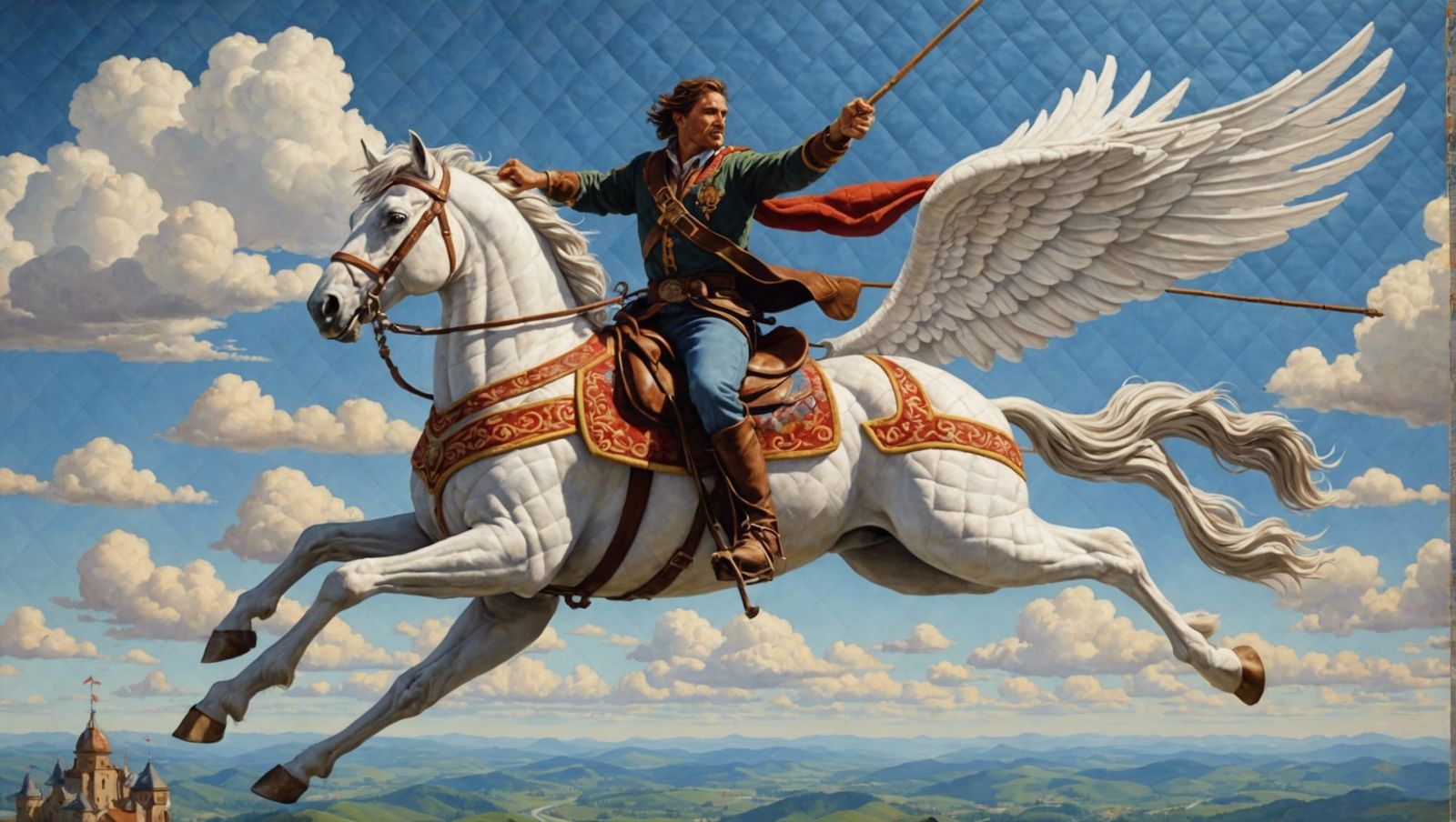 Man Lassoing Pegasus Pulled Into Quilted Sky