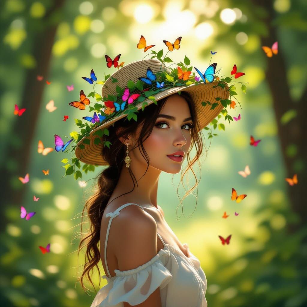 Woman in Sunlit Forest with Vine Hat and Butterflies