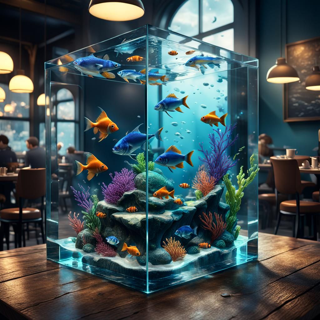 Fish in Glass Cube, Detailed Digital Painting