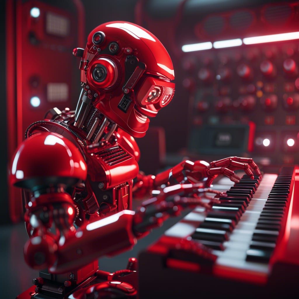 Vintage Red Robot Plays Synth in Sci-Fi Room