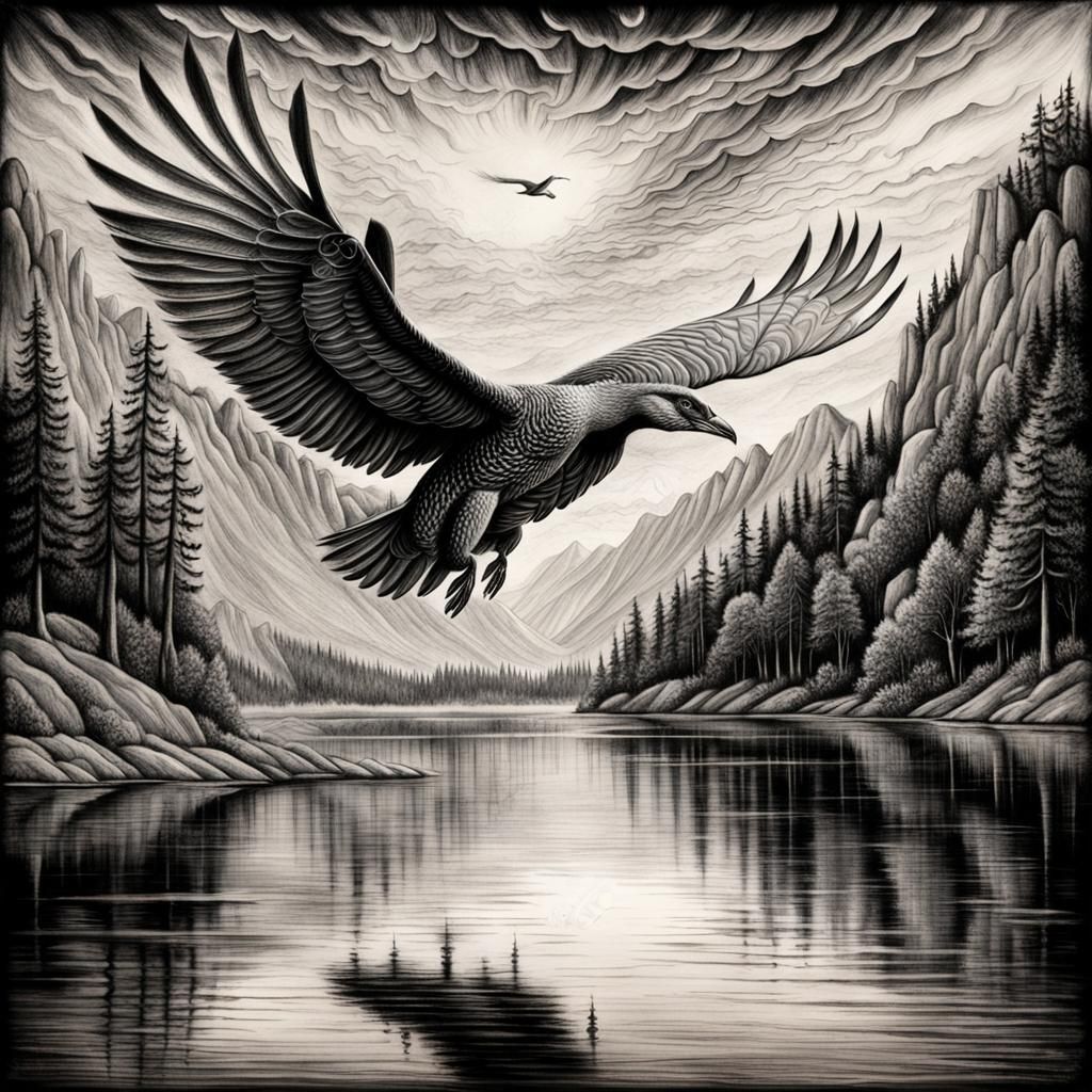 Phoenix Soaring Over Lake: Charcoal Drawing