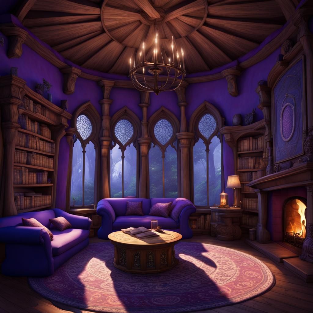 Mystical Room with Ancient Books and Twilight Forest