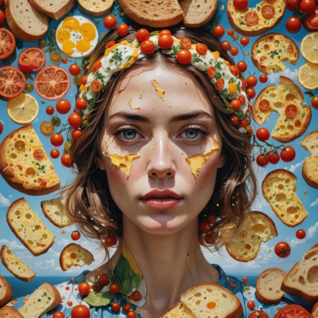 Surreal Double Exposure with Bread and Tomatoes