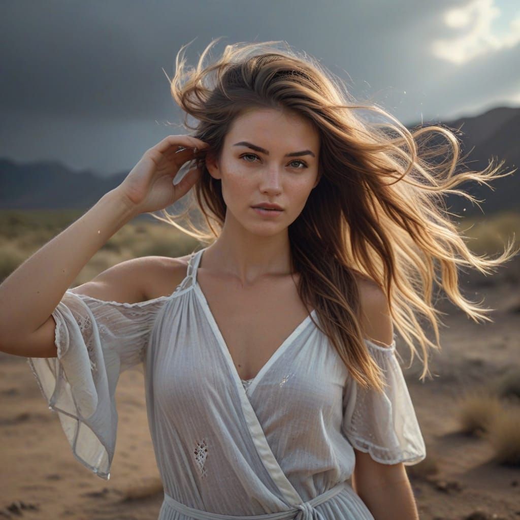 Windswept Beauty: Young Woman in Dusty Atmosphere