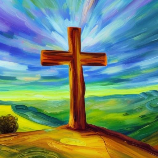 Expressionist Cross Under Starry Night, Oil Painting