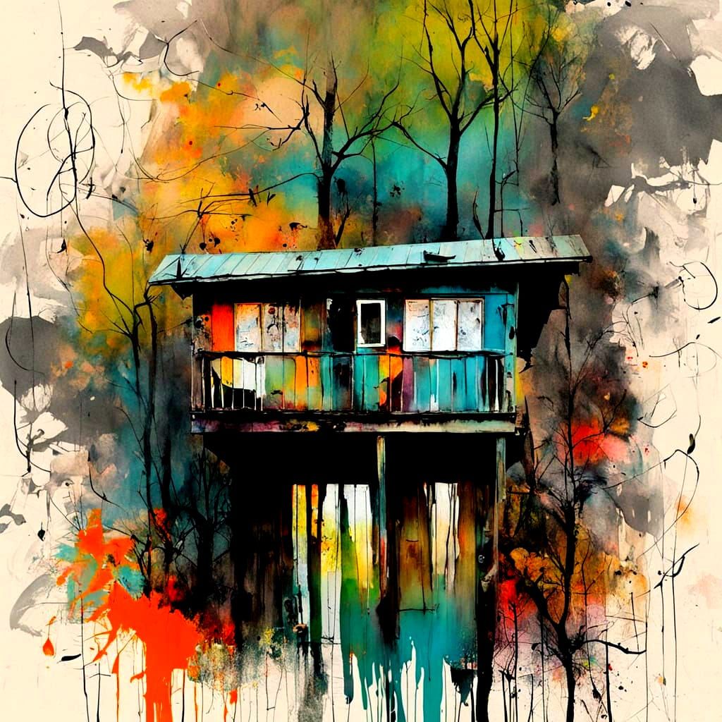 Surreal Graffiti Cabin in Distressed Painted Forest