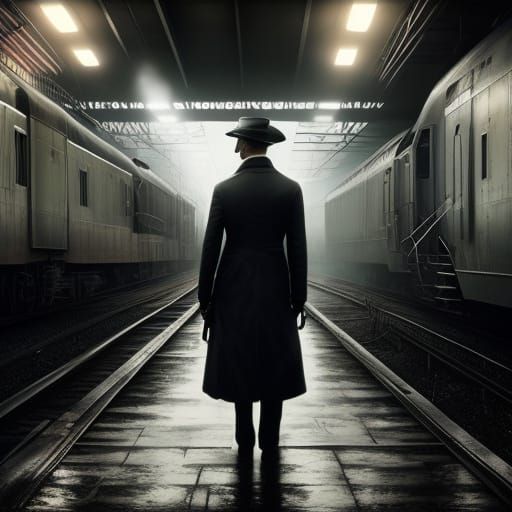 Solitary Figure on Foggy Platform, Dramatic Oil Painting