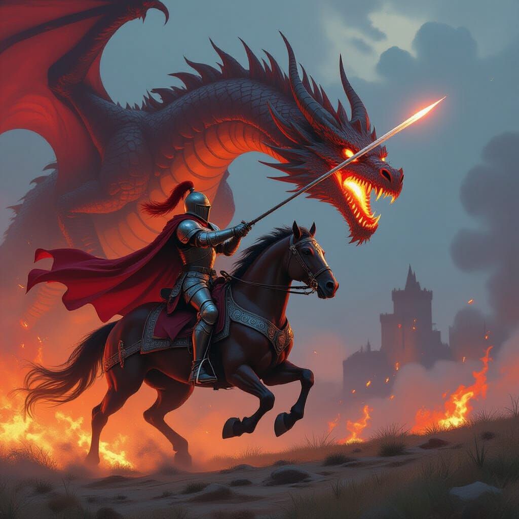 Knight Charges Dragon in Hyperrealistic Style