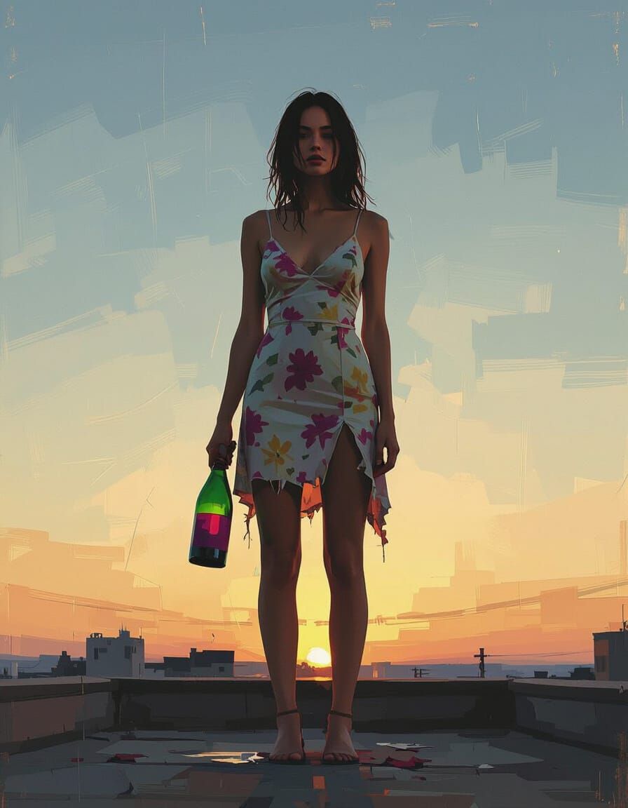 Woman on Rooftop at Dawn in Expressionist Style