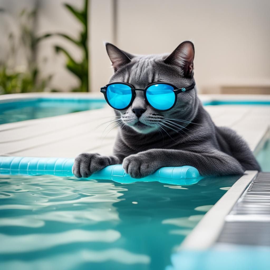 Grey Cat Swimming in Pool with Sunglasses