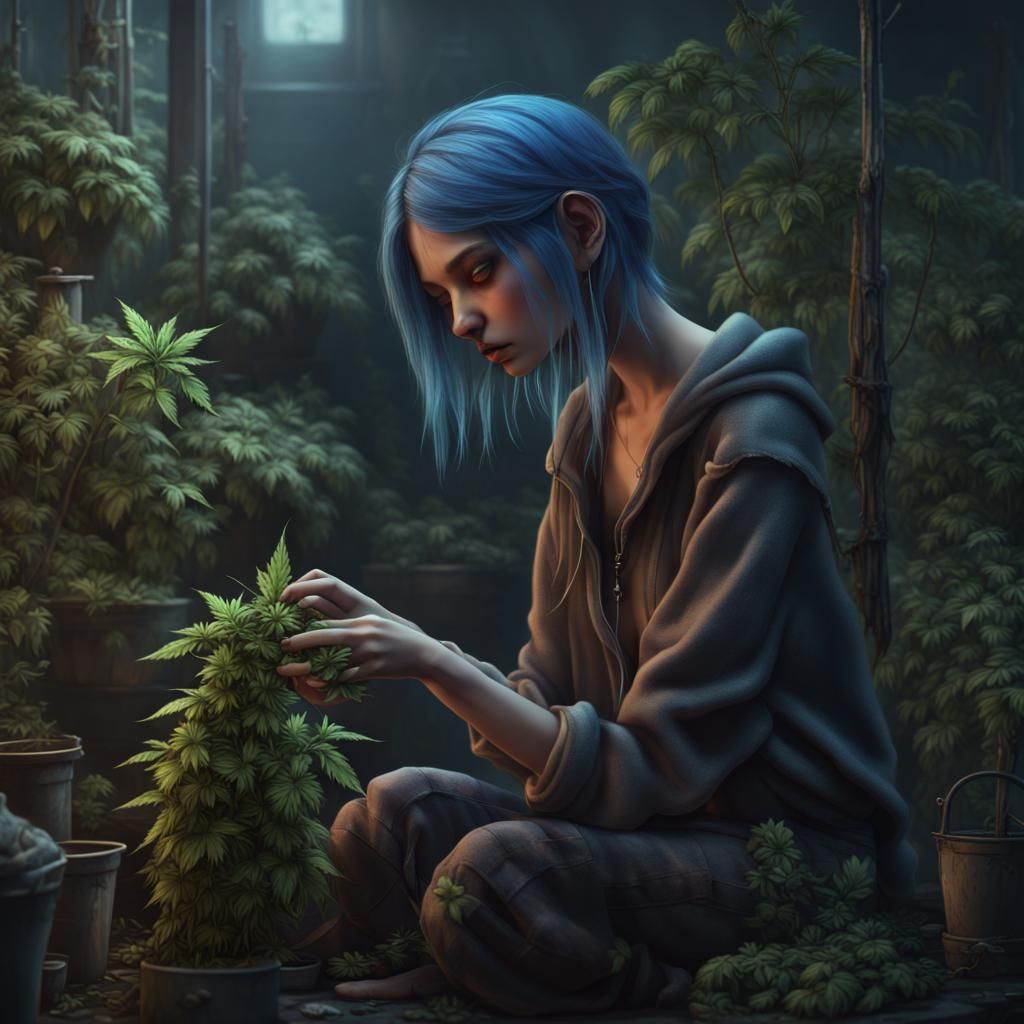 Emo Girl and Weed Plant: Detailed Matte Painting