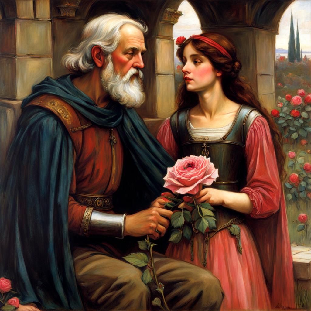 Medieval Girl Offers Rose in Waterhouse Style