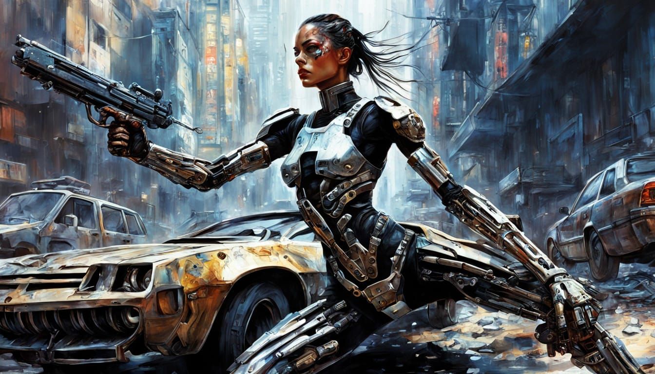 Cyberpunk Female Cyborg in Action