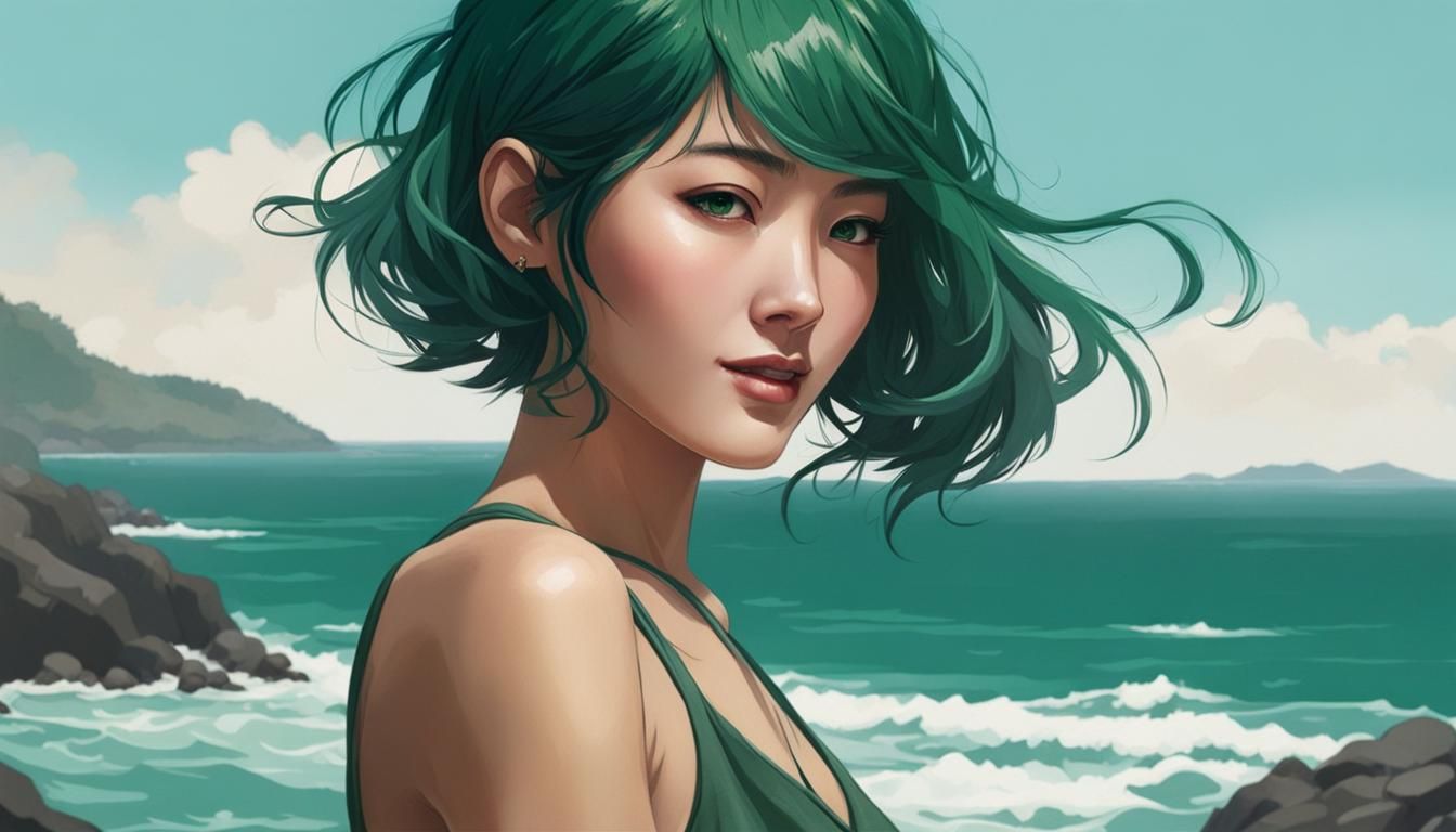 Portrait of Korean Girl with Green Hair, Ink Art