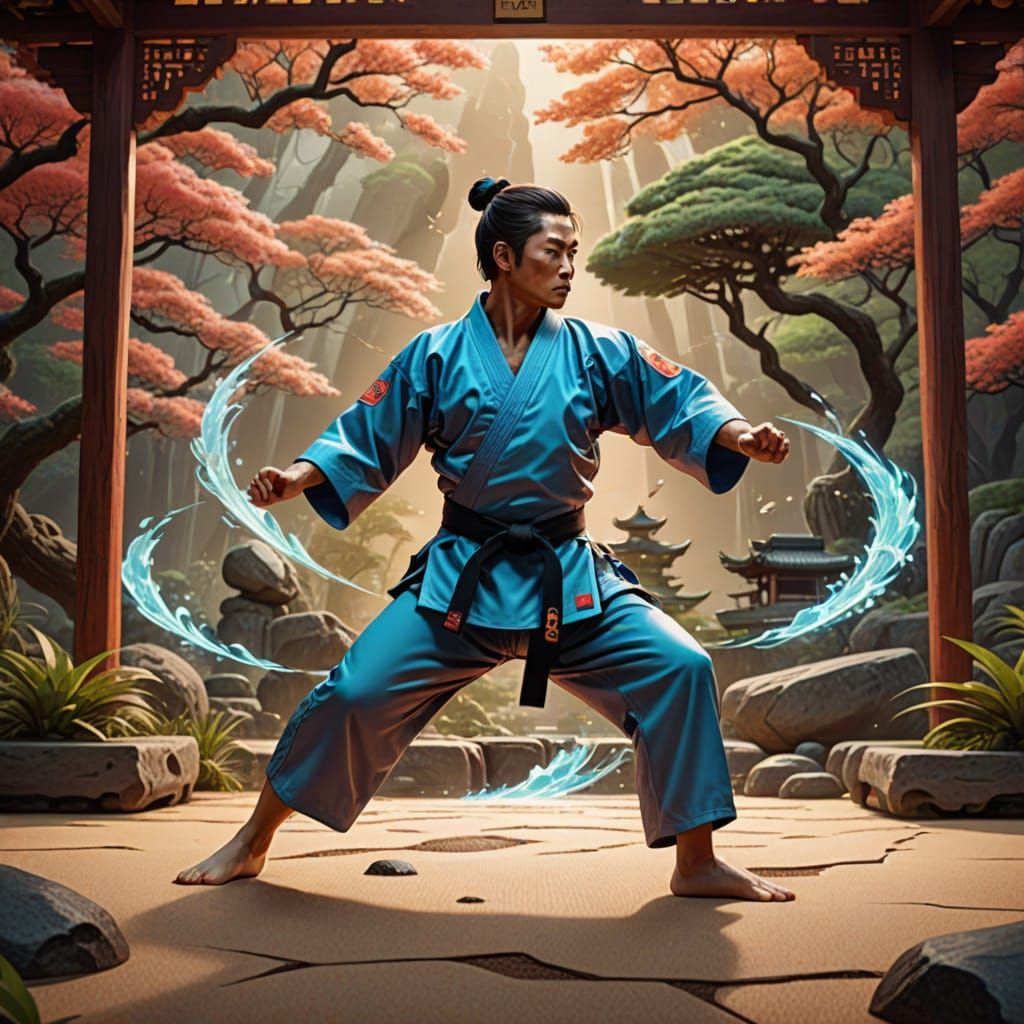 Dynamic Karate Pose in Zen Garden: Matte Painting