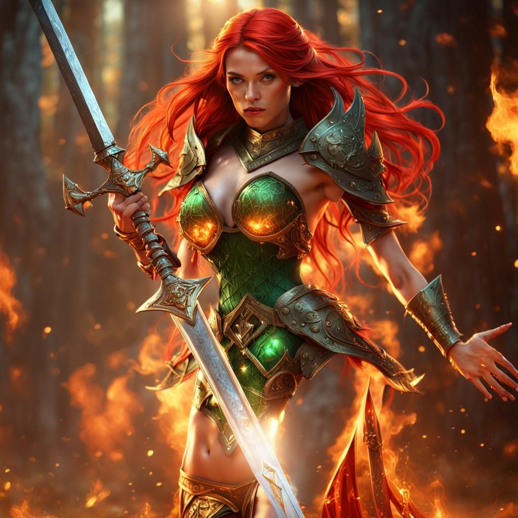 Fire Fairy in Gold Bikini Armor with Sword