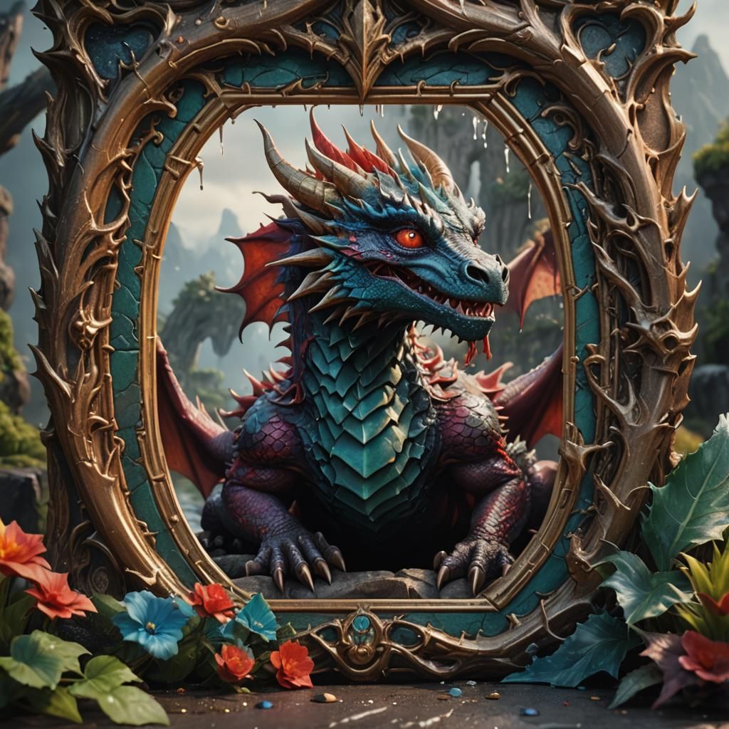 Crying Dragon in Picture Frame: Fantasy Concept Art
