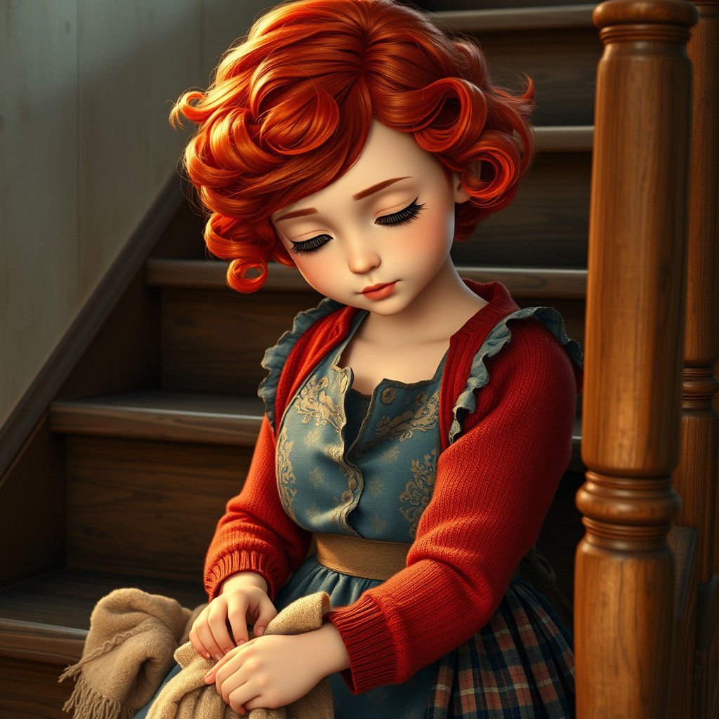 Young Girl Scrubbing Stairs in Dreamy Light