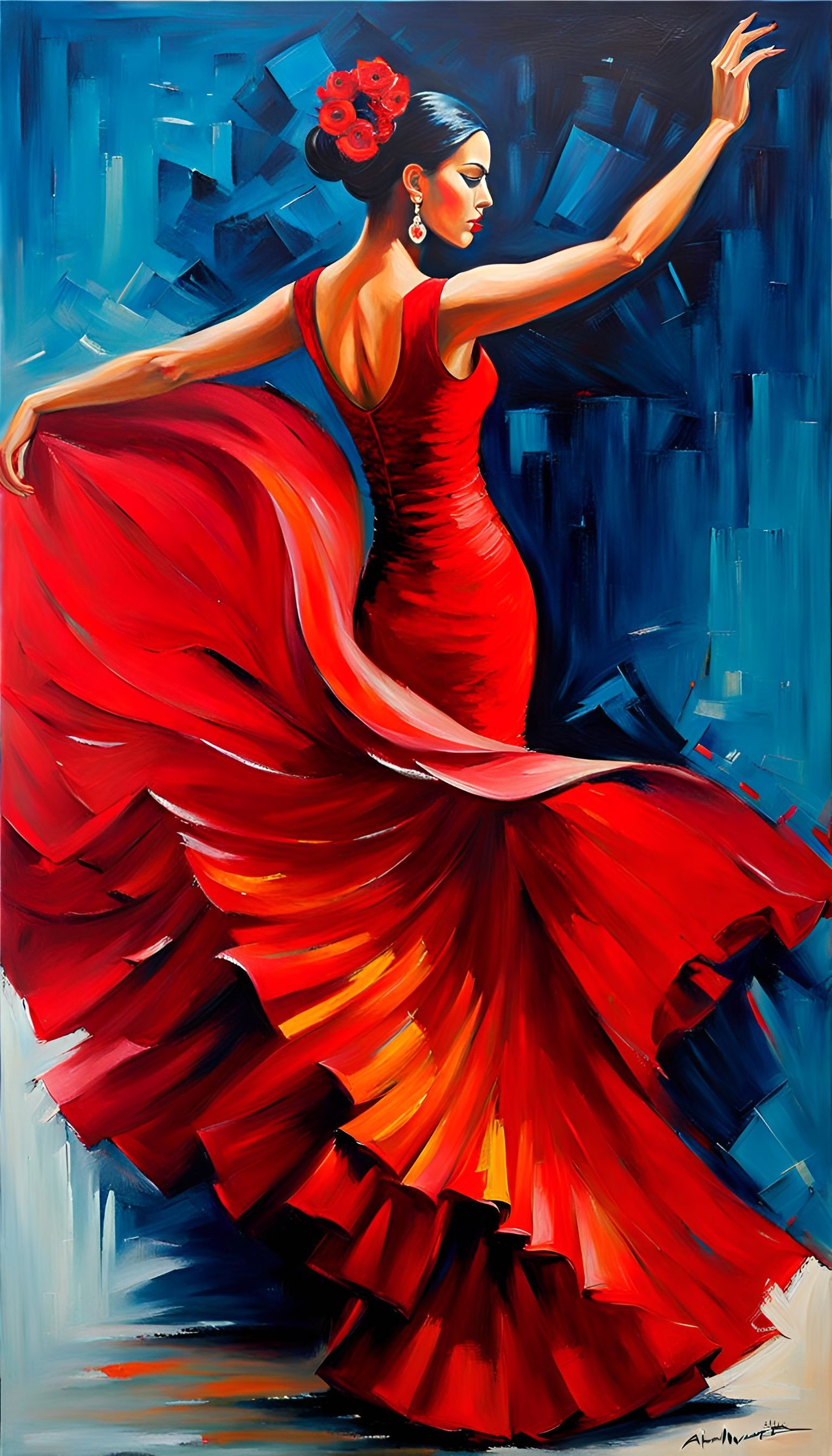 Flamenco Dancer in Red Gown: Abstract Oil Painting