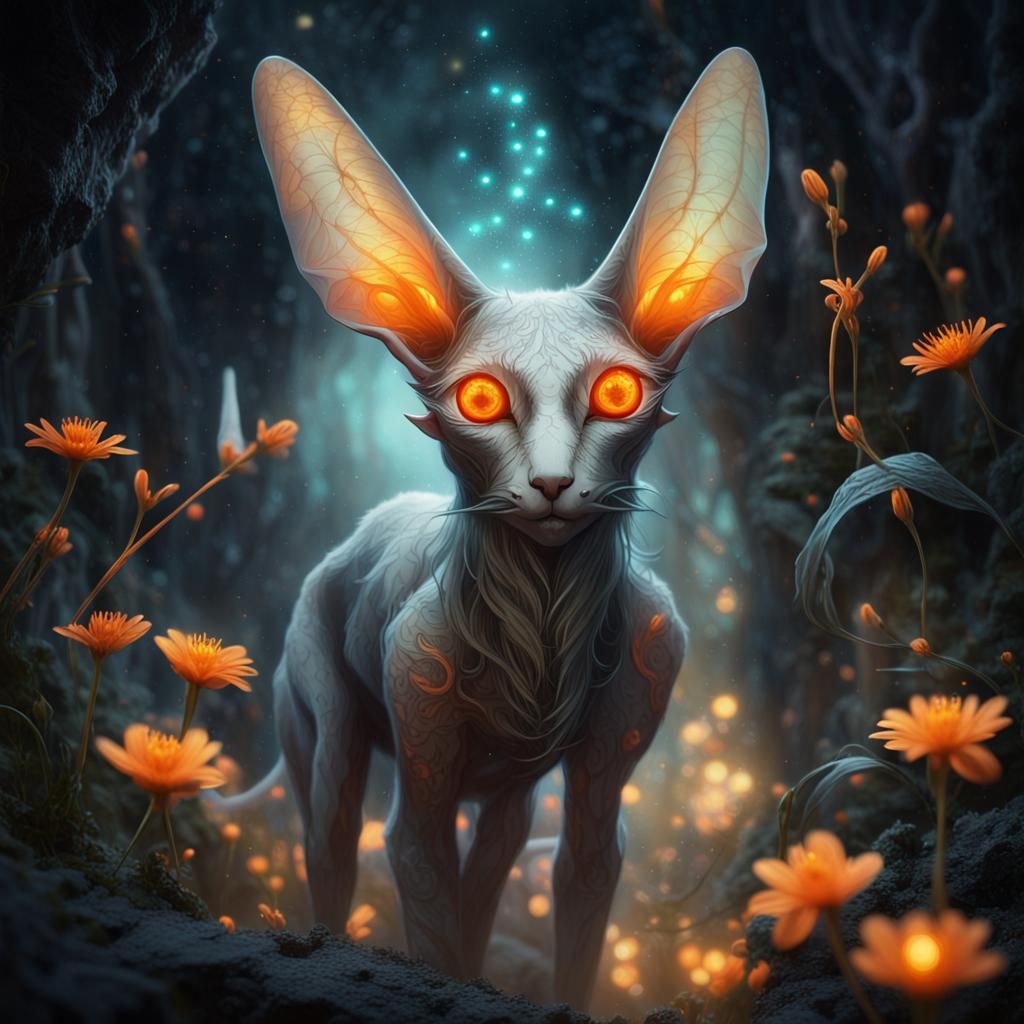 Mystical Creature with Glowing Eyes in Ethereal Setting