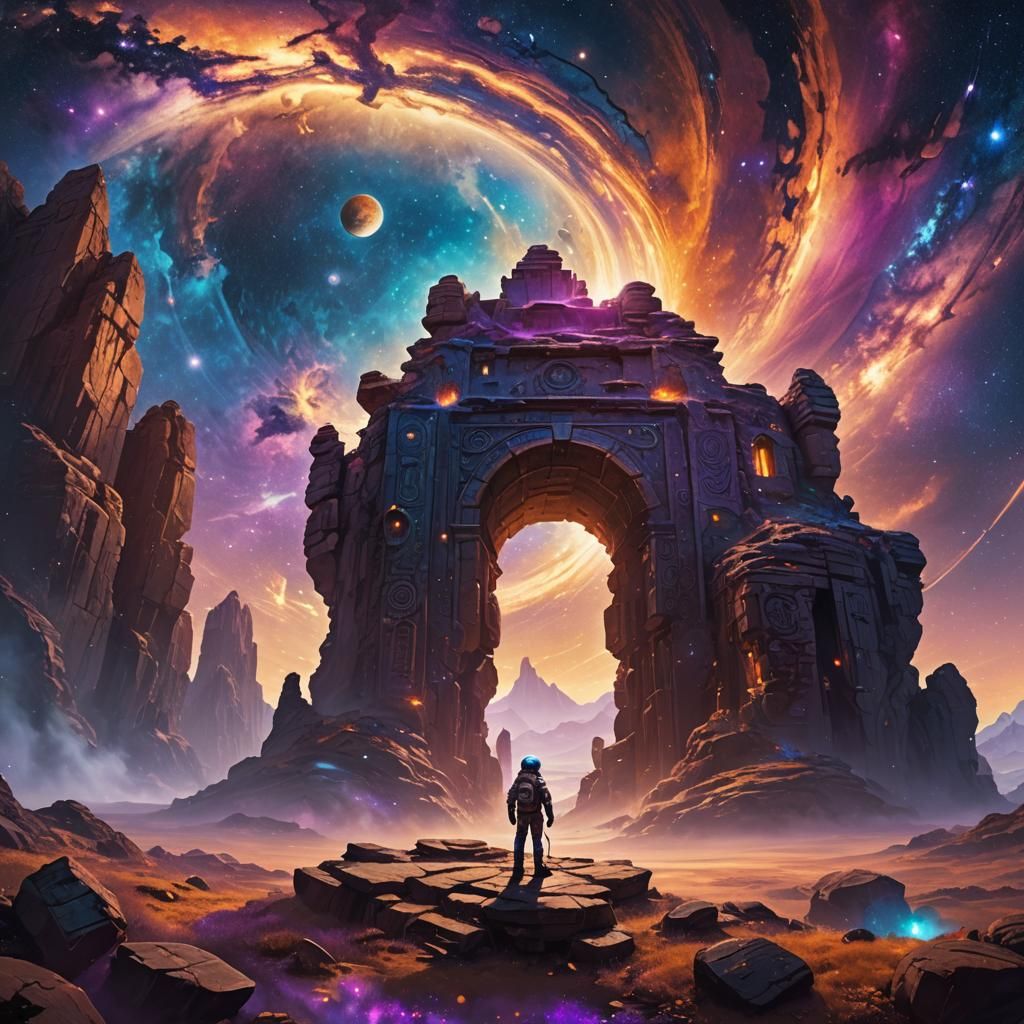 Astronaut and Mystical Stone Structure in Space