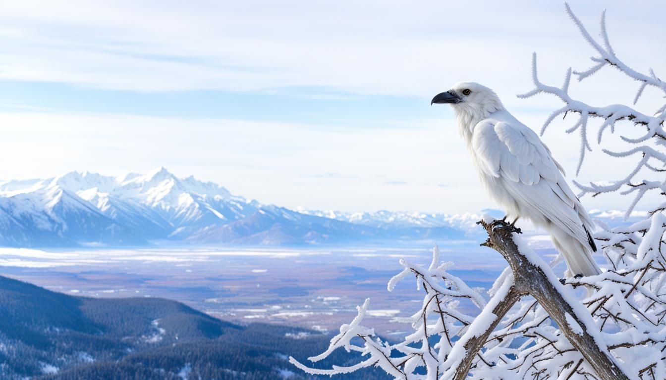 Silver White Raven in Winter Mountain Scene