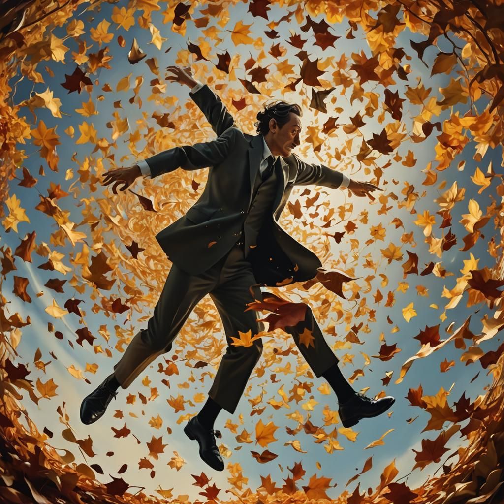 Person Falls Through Autumn Vortex in Surreal Oil Painting