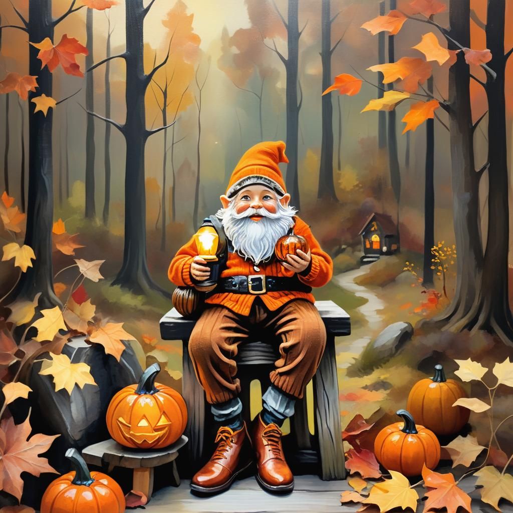 Cute Gnome with Pumpkin and Lantern