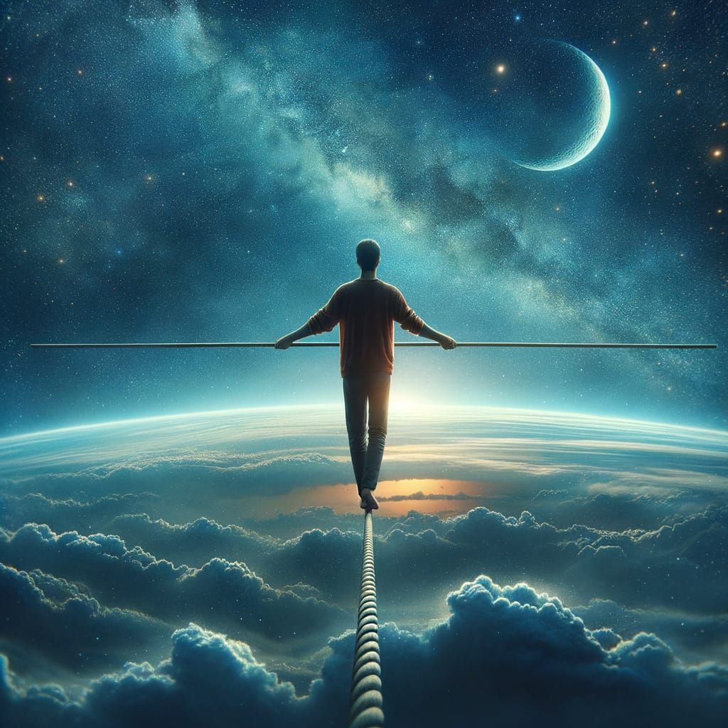 Tightrope Walker Balances Above Earth Under Starry Sky