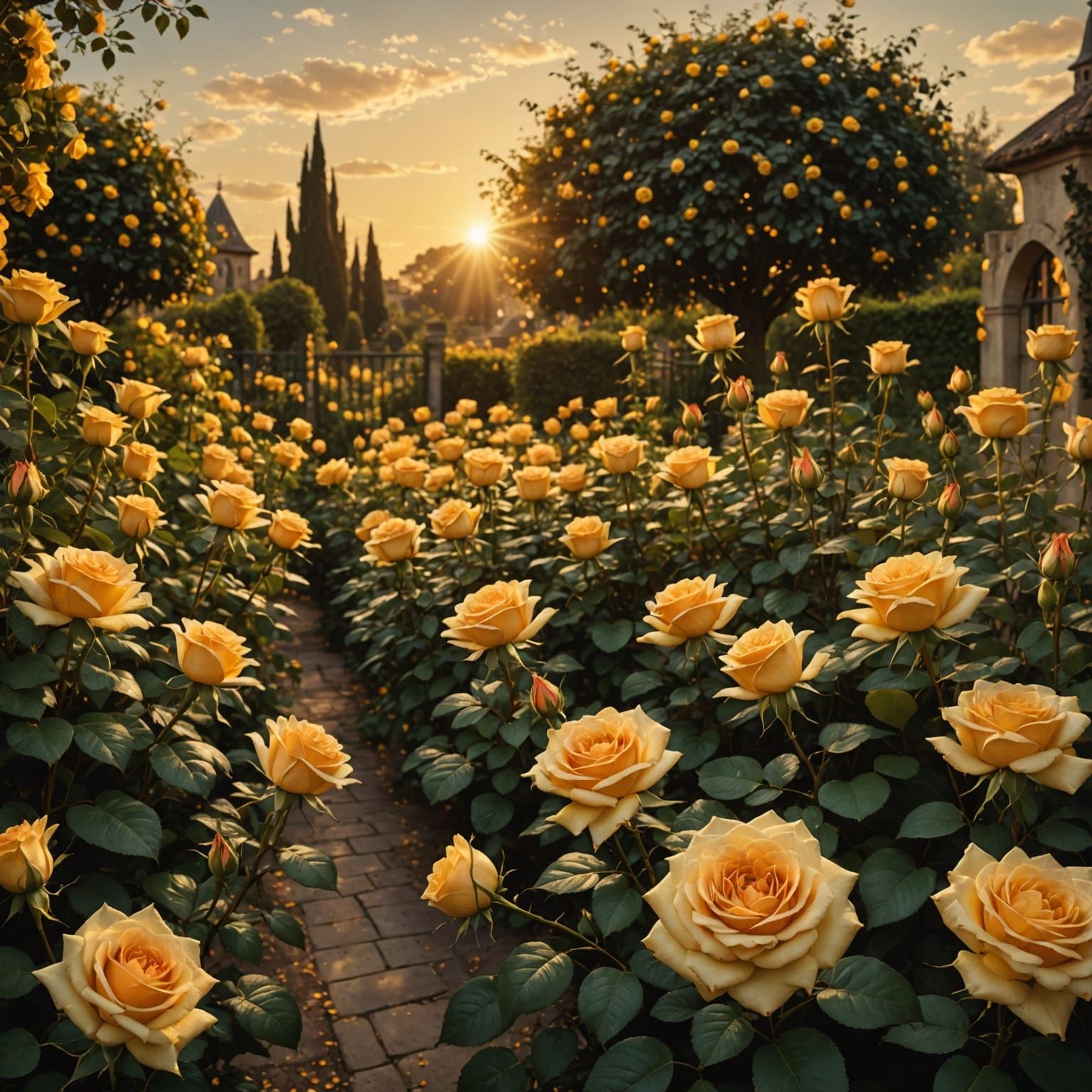 Golden Rose Garden in Golden Hour Lighting