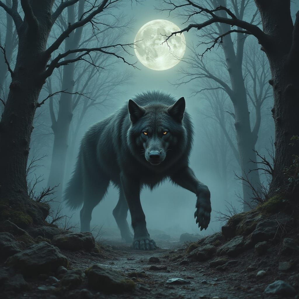 Direwolf in a Dark, Moonlit Forest, Grim Fantasy Illustratio...