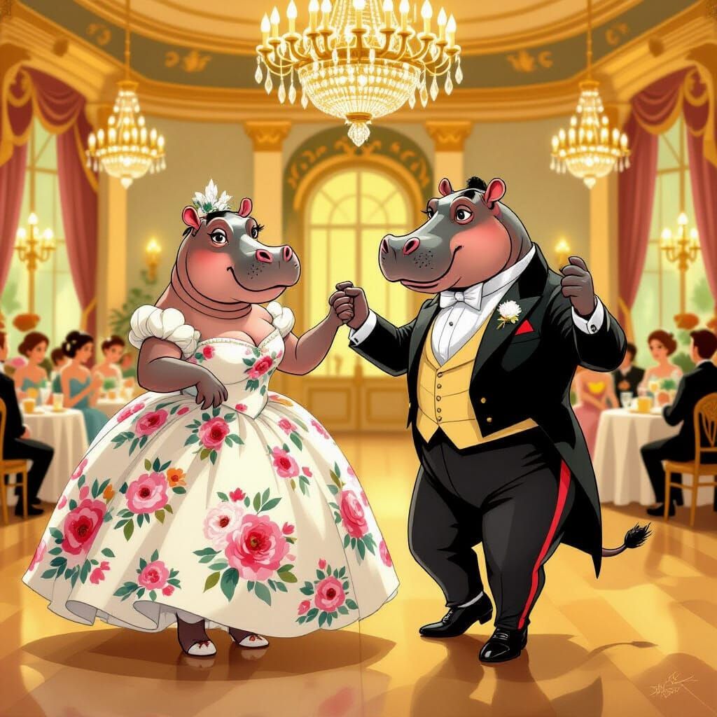 Hippos Dancing Waltz in Ballroom, Cartoon Style