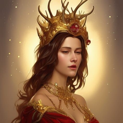 Golden Crown and Antlers Portrait in Digital Art Style