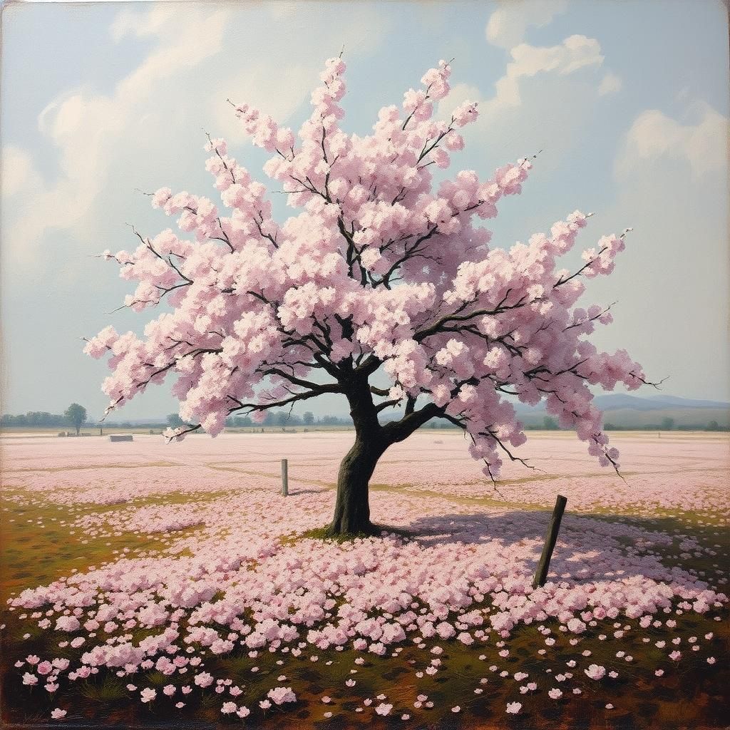 Cherry Blossom Tree on Battlefield: Impasto Realism