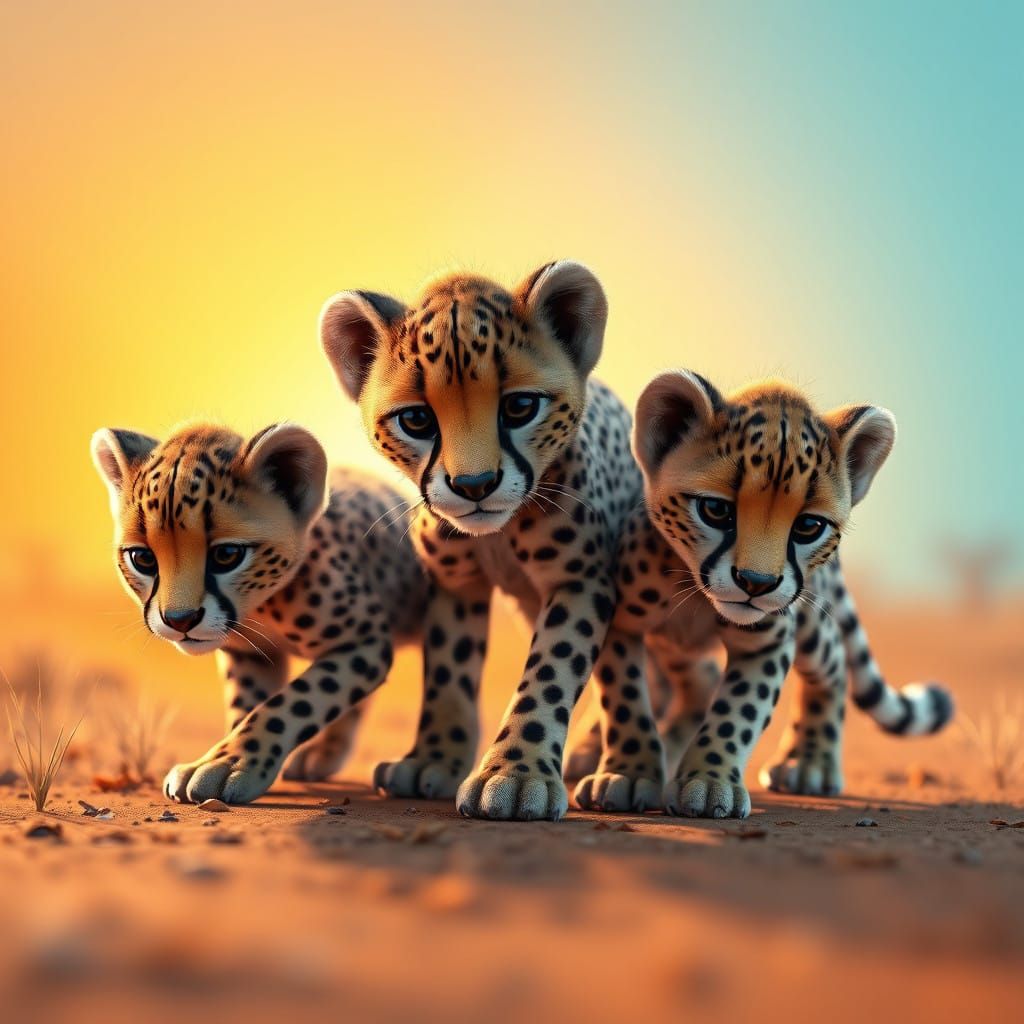 Adorable Baby Cheetahs Hunting in a Vibrant African Savannah